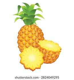 A bright and appetizing vector illustration of a fresh tropical pineapple isolated on a clean white background. The graphic composition features a whole spiky golden-brown pineapple with a vibrant green leafy crown, sitting alongside a half-cut section and a beautifully detailed round cross-section slice. This high-quality, realistic food illustration is an exceptional choice for designing healthy recipe blogs, summer party invitations, tropical juice bar branding, packaging labels, and grocery store advertising banners.#FreshPineapple #TropicalFruit #PineappleVector #HealthyFoodIllustration #JuicyPineappleSlice #OrganicFruitGraphic #FruitClipart #SummerVibes #GraphicDesignAsset #ExoticFruit