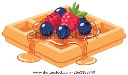 Bright and appetizing waffle illustration featuring fresh fruits and syrup, ideal for breakfast menus, recipe blogs, and food-themed designs.