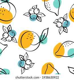 Bright Apple and Peach Vector White Seamless Pattern. Sketch Orange and Berry Background. Blue and Orange Citrus and Blueberry Adorable Print.