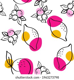Bright Apple and Peach Vector White Seamless Pattern. Summer Fruit Print. Color Apricot and Lime Adorable Design.
