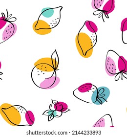 Bright Apple and Peach Vector White Seamless Pattern. Cute Lemon and Strawberry Illustration. Green and Fuchsia Citrus and Blueberry Sketch Background.