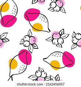 Bright Apple and Peach Vector White Seamless Pattern. Cartoon Orange and Berry Texture. Color Lemon Drawing Wallpaper.