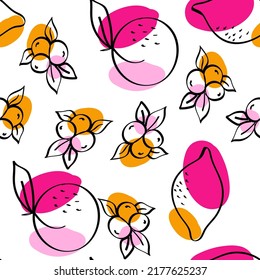 Bright Apple and Peach Vector White Seamless Pattern. Drawing Citrus and Blueberry Design. Color Orange and Berry Line Wallpaper.