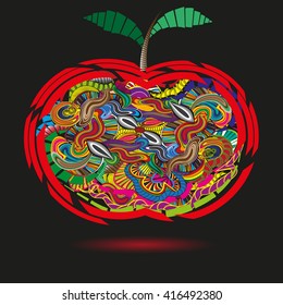 Bright apple in the primitive style doodle
Illustration of a bright red apple in the primitive style doodle with leaves and fruit stem for decoration and design