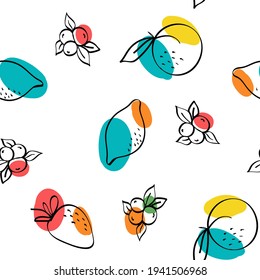 Bright Apricot and Lime Vector White Seamless Pattern. Drawing Orange and Berry Texture. Pink and Yellow Lemon and Strawberry Sketch Background.