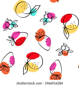 Bright Apricot and Lime Vector White Seamless Pattern. Cartoon Citrus and Blueberry Texture. Green and Fuchsia Apple and Peach Adorable Wallpaper.