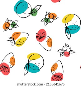 Bright Apricot and Lime Vector White Seamless Pattern. Summer Fruit Illustration. Color Lemon and Strawberry Drawing Design.