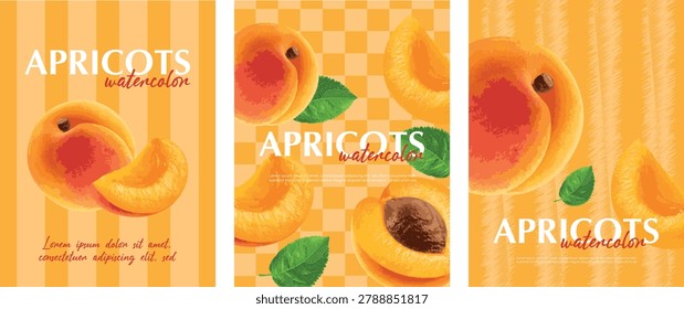 Bright apricot poster set featuring fresh fruit illustrations, warm orange backgrounds, striped and checkered patterns, and clean summer-inspired typography. Suitable for kitchen wall art, cafe decor, fruit posters, juice branding, packaging design, farmers market promotions, and printable food illustration collections.