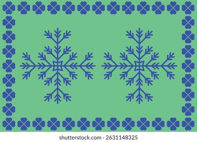 Bright Aqua Background with Symmetrical Blue Snowflake Border Design.