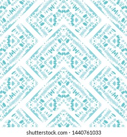 Bright Aqua Monochrome Tie Dye Shibori Kaleidoscope Mirrored Chevrons on White Background Vector Seamless Pattern. Perfect for Spring-Summer Textiles, Stationery