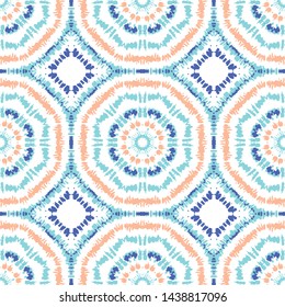 Bright Aqua, Orange and Blue Tie-Dye Shibori Sunburst Kaleidoscope Mirrored Hexagon Mandala Tiles on White Background Vector Seamless Pattern. Perfect for Spring-Summer Textiles, Stationery