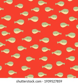 Bright aqua seamless pattern with little random puffer fugu ish ornament. Red background. Scrapbook marine print. Perfect for fabric design, textile print, wrapping, cover. Vector illustration.