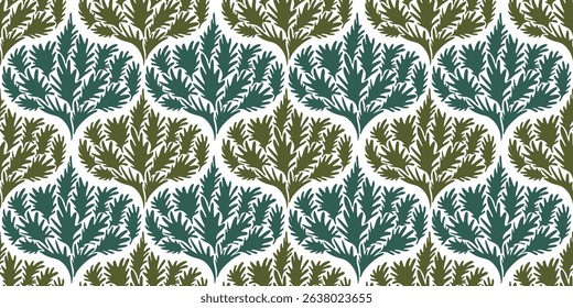 Bright aquamarine blue and khaki green vector hand drawn seamless pattern with decorative motif of tropical leaves. Botanical rainforest exotic leaf print for textile design, wrapping paper, surface