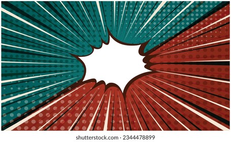 Bright aquamarine and red exploding striped versus retro comic background with dotted halftone corners. Cartoon pop art vs bubble with dark and light stripes for banner, advertising design, poster