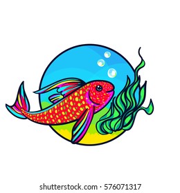 Bright Aquarium Fish badge. Tropical Animal art, cute cartoon style, vector hand drawn illustration. Suitable for pet shop or zoo ads, label design or animal food package element