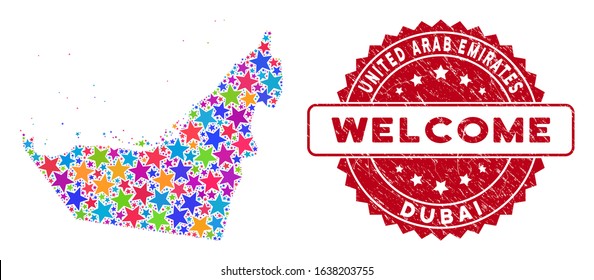 Bright Arab Emirates map composition of stars, and scratched rounded red WELCOME seal. Abstract territorial scheme in bright color tones. Vector Arab Emirates map is organized of bright stars.