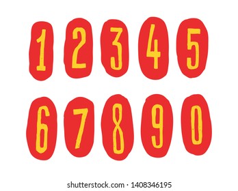 Bright Arabic numerals. Vector. Linear, contour figures. Isometry, 3D. Bulk numbers. Full set of marks and numbers. All signs are separate. Cartoon circus style. Signs of dollar and euro.