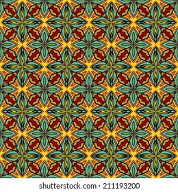 Bright Arabic pattern. Seamless colorful ethnic pattern. Abstract geometric elements on tribal fantasy ornament. Bright hot colors. Endless background. Vector is EPS8, elements are grouped by colors.