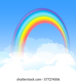 Bright arched rainbow with blue sky and white clouds. Vector illustration