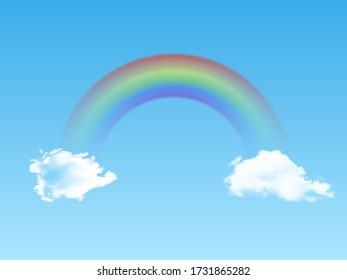 Bright arched rainbow with clouds realistic on blue background. Vector illustration 