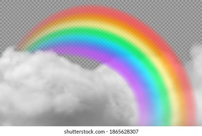 Bright arched rainbow with clouds realistic vector illustration on transparent background