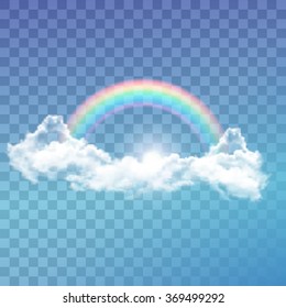Bright arched rainbow with clouds realistic vector illustration on transparent background