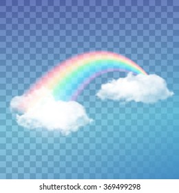 Bright arched rainbow with clouds realistic vector illustration on transparent background
