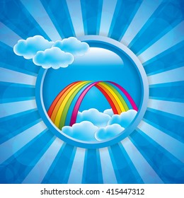 Bright arched rainbow with clouds realistic vector illustration