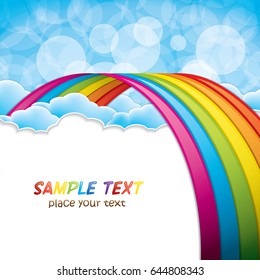 Bright arched rainbow with clouds realistic vector illustration