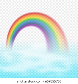 Bright arched rainbow with clouds realistic vector illustration on transparent background.