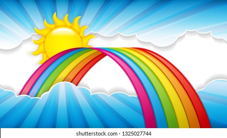 Bright arched rainbow over the clouds, vector illustration