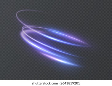 Bright arcs of violet-blue light in dynamic rotation. Energetic neon trail on transparent background.