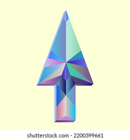 Forma de flecha brillante en el estilo moderno de cristal poligonal sobre amarillo. Pulse aquí (icono). Flecha poligonal decorativa construida con triángulos coloridos caóticos. Corrector de la dirección correcta al objetivo. Vector