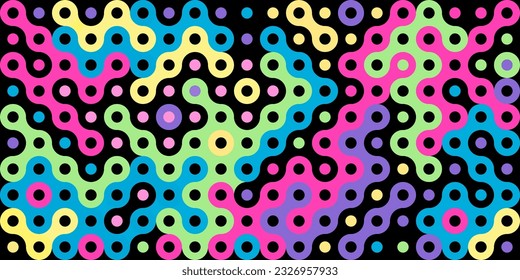Bright art background. Colorful streamlined connected elements with round holes on black background for web design, poster, presentation. Vector