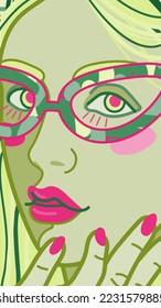 A bright art card with a close-up image of a woman's face in vintage glasses