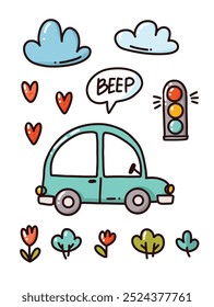 bright art with cute car, vector illustration for childish design, print or postcards