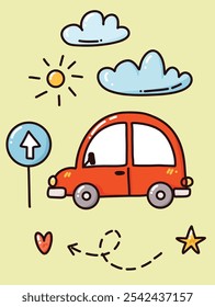 helle Kunst mit niedlichem Auto, Vektorgrafik für kindliches Design, Druck oder Postkarten