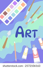 Bright art poster. Palette with paintings near paintbrushes. Creativity and art. Hobby and leisure. Colorful liquids and patterns. Template and layout. Flat vector illustration