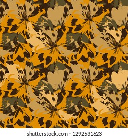 Bright art vector seamless pattern. Abstract green, beige and orange flowers. Background for design, textile, wallpaper, wrapping, cover page, web site, card, carton, print, banner.