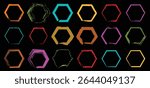 Bright and artistic hexagon vector collection with colorful strokes and bold fill options on black backdrop, great for creative digital projects and UI kits.

