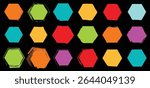 Bright and artistic hexagon vector collection with colorful strokes and bold fill options on black backdrop, great for creative digital projects and UI kits.

