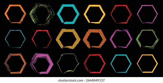 Bright and artistic hexagon vector collection with colorful strokes and bold fill options on black backdrop, great for creative digital projects and UI kits.

