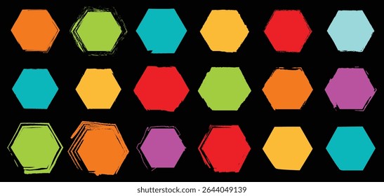 Bright and artistic hexagon vector collection with colorful strokes and bold fill options on black backdrop, great for creative digital projects and UI kits.

