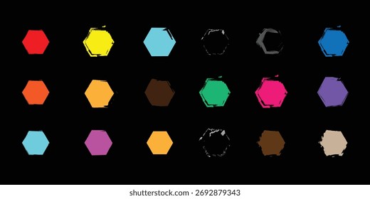 Bright and artistic hexagon vector collection with colorful strokes and bold fill options on black backdrop and UI kits.