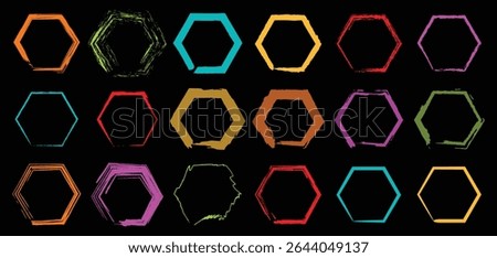 Bright and artistic hexagon vector collection with colorful strokes and bold fill options on black backdrop, great for creative digital projects and UI kits.

