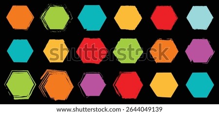 Bright and artistic hexagon vector collection with colorful strokes and bold fill options on black backdrop, great for creative digital projects and UI kits.

