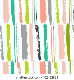 Bright artistic seamless pattern with  hand made  vertical stripes. Fantasy multicolored background.Vector illustration. Simple colorful design. ; Green, blue, grey and orange colors.