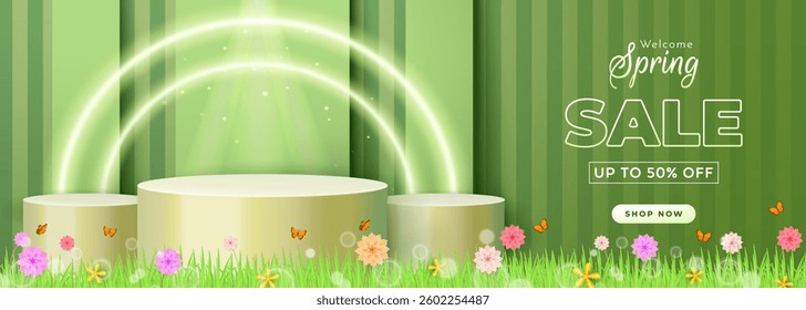 Bright and attractive advertisement banner for spring sale, featuring lush green theme and floral decorations, Ideal for promoting seasonal shopping deals and special promotions in springtime.