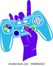 Bright and attractive design of the gaming console in the hand with the victory sign in a colorful and creative style.