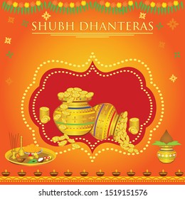 Bright and attractive design of Indian navratri festival of Dhanteras in a very creative style with some golden pots and golden coins filled in it, and a pooja tray with a golden kalash poster design.